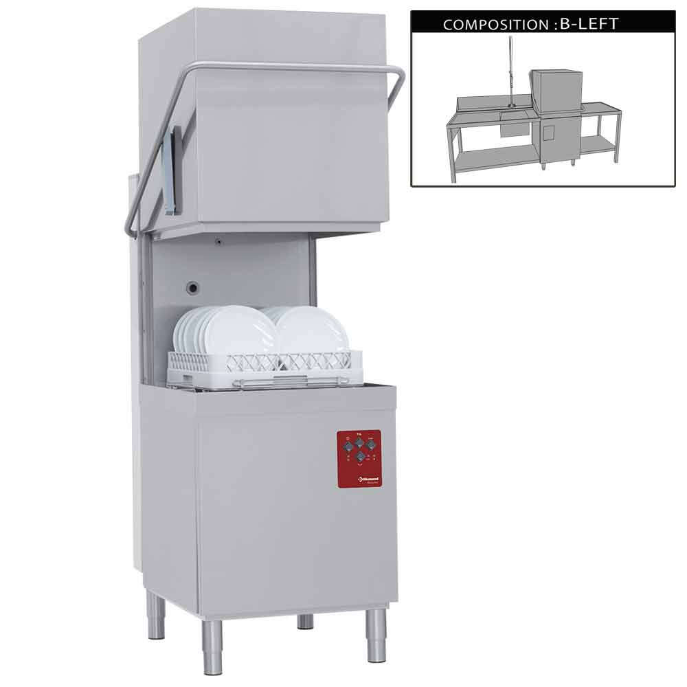 Diamond Doorschuifvaatwasser | Met Inlooptafel + Uitlooptafel + Spoeldouchekraan | 500x500mm Mand | 400V | 2620x800x1530/2010mm
