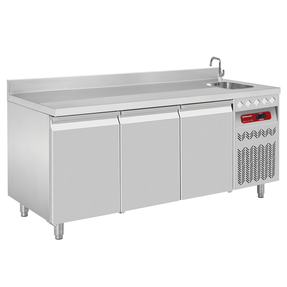 Diamond Koelwerkbank | Spoelbak | 405L | 3 Deuren 1/1 GN | -2°C/+8°C | Statisch/Geventileerd | Achter Rand | 1795x700x866/1045mm