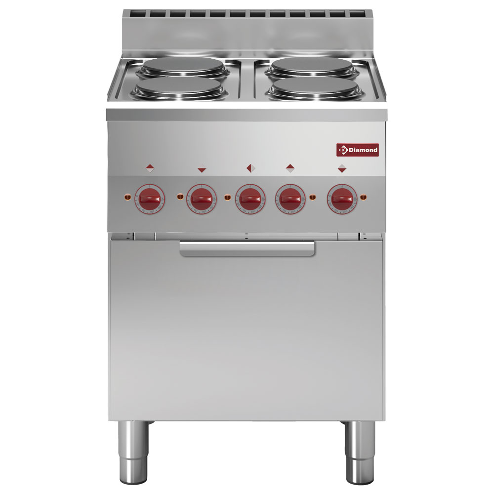 Diamond Fornuis + Heteluchtoven | PRO 600 | Elektrisch | 4 Kookpunten + GN 2/3 Oven | 11kW | 230V-3F | 600x600x850/970mm