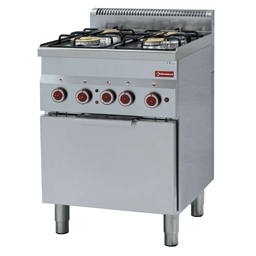 Diamond Gasfornuis + Heteluchtoven | PRO 600 | Gas/Elektrisch | 4 Branders + 2/3 GN Oven | 13.8kW Gas | 3kW | 230V | 600x600x850/970mm