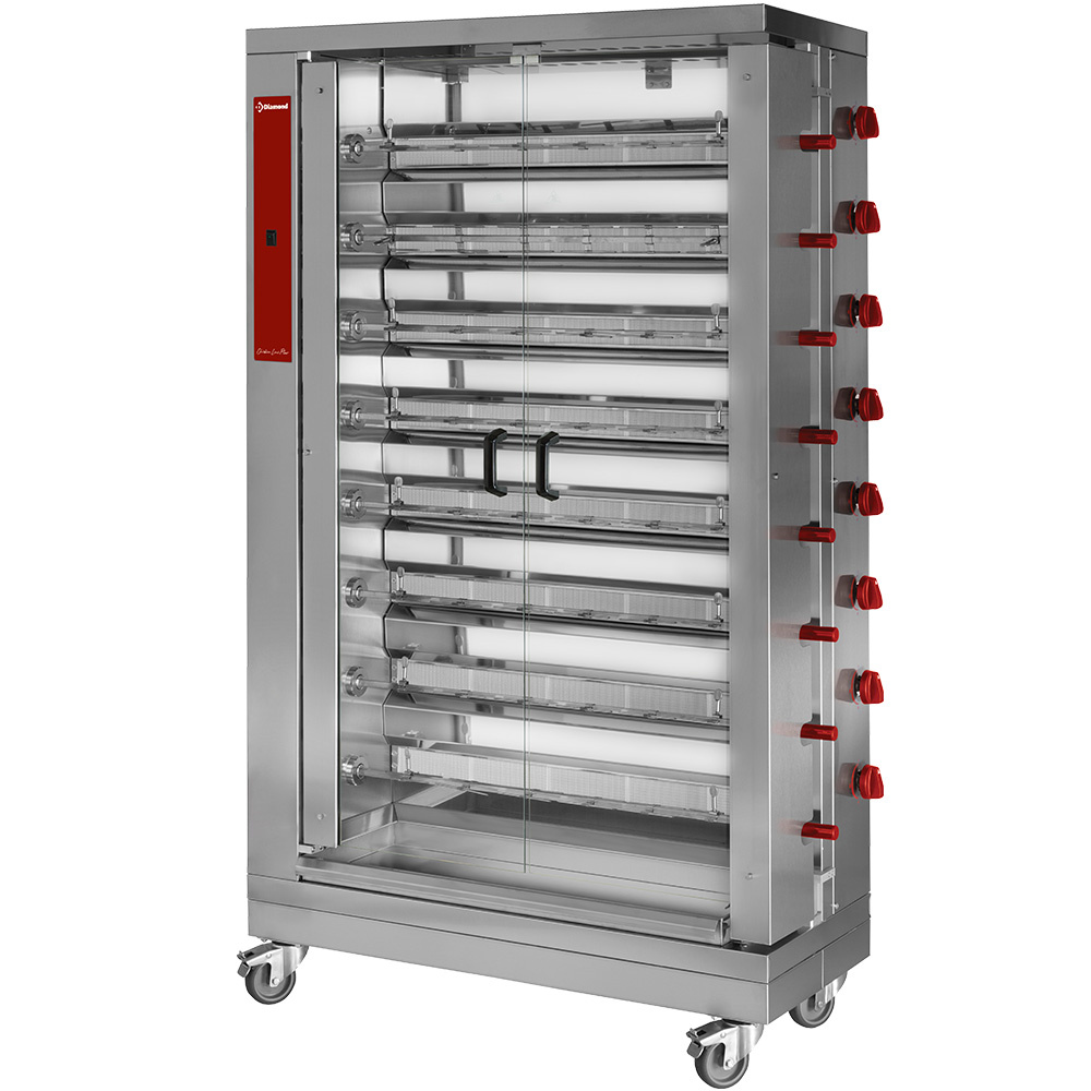Diamond Kippenspit | Op Wielen | 8 Spitten | Voor 48 Kippen | Gas | 230V | 1098x480x1920mm