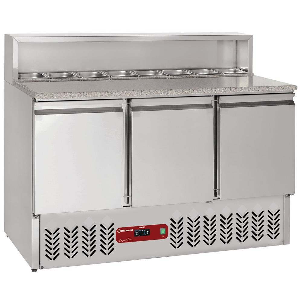 Diamond Pizzawerkbank | 380L | 3 Deuren (1/1 GN) | Boven 8x 1/6 GN | +2°c/+8°c | 1365x700x850/1100mm