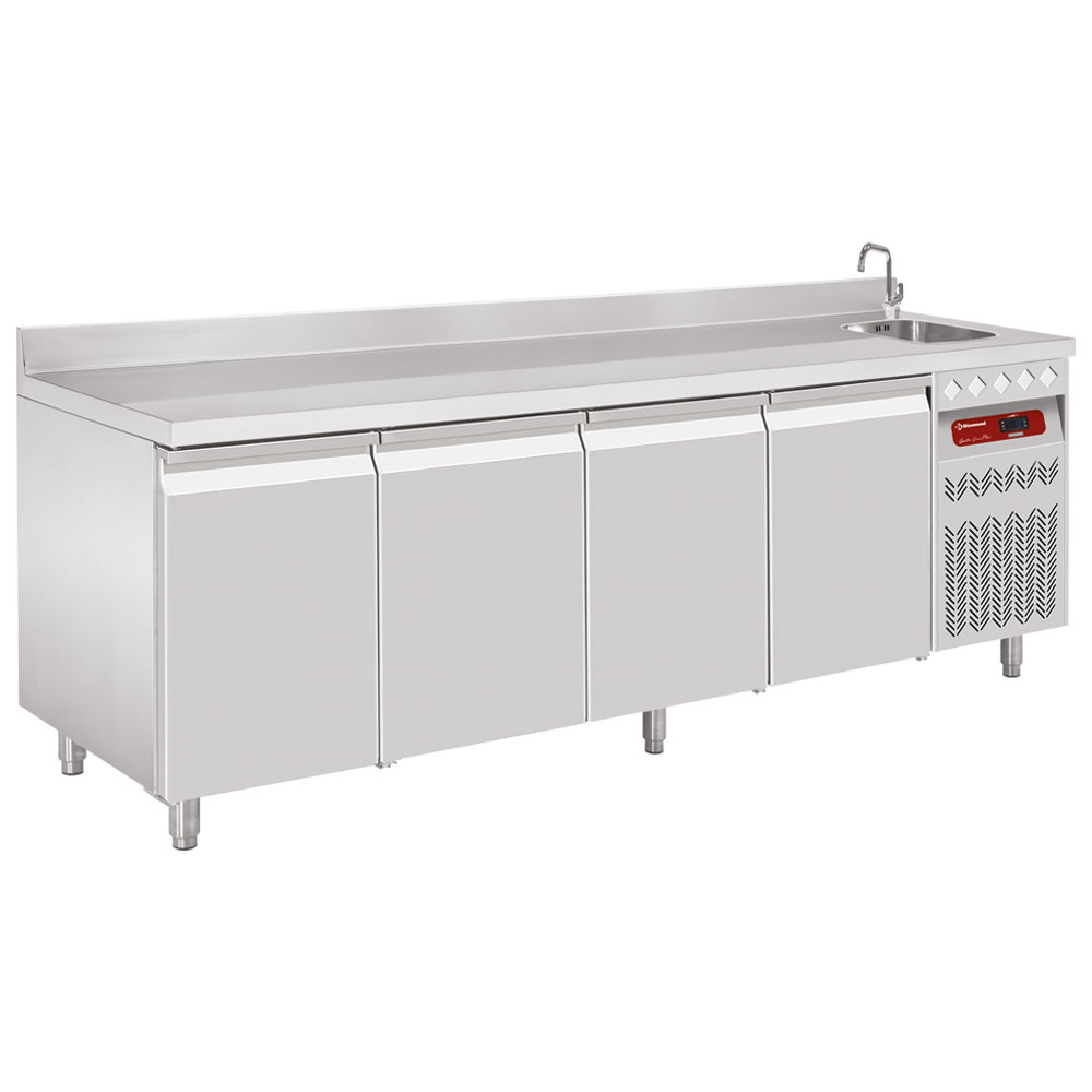 Diamond Koelwerkbank met Spoelbak en Opstaande Rand | 550L | 4 Deuren 1/1 GN | -2°C/+8°C | Geventileerd | 2260x700x866/960(+85)mm