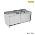 Unninox Spoeltafel | RVS | 2 Spoelbakken Rechts | Achter Rand | Schuifdeuren | 2000x700x850mm