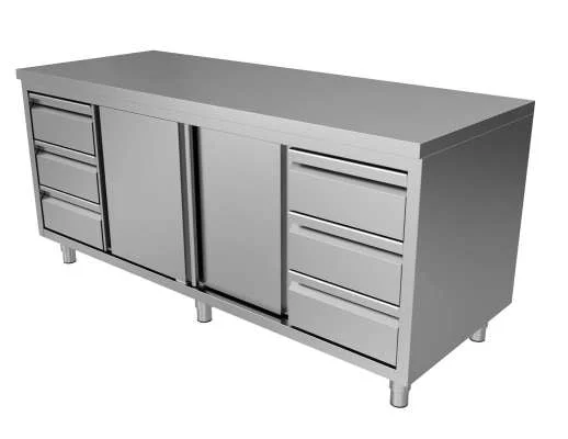 Unninox RVS Werktafel | 3L+3r Laden En Schuifdeuren 1/1 GN | 2400x700x850mm