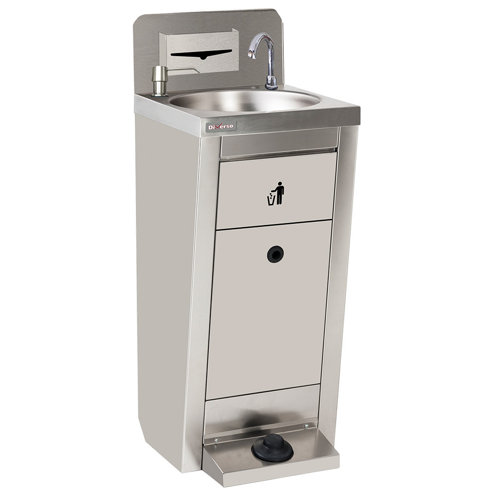 Mobiele Handwastafel | RVS | Schoon Vuilwaterreservoirs | 2x 10L | Voetbediening | Met Afvalvak | Zeep-/papierdispensers | Wielen | 400x402x840/1112mm