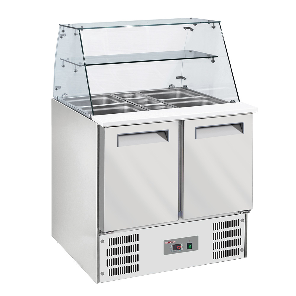 Diverso By Diamond Horeca Saladette | 2 Deuren 1/1 GN | Boven 2x 1/1 GN + 3x 1/6 GN | Statisch | Ventilator | Glasopzet | Snijblad | 900x700x850mm