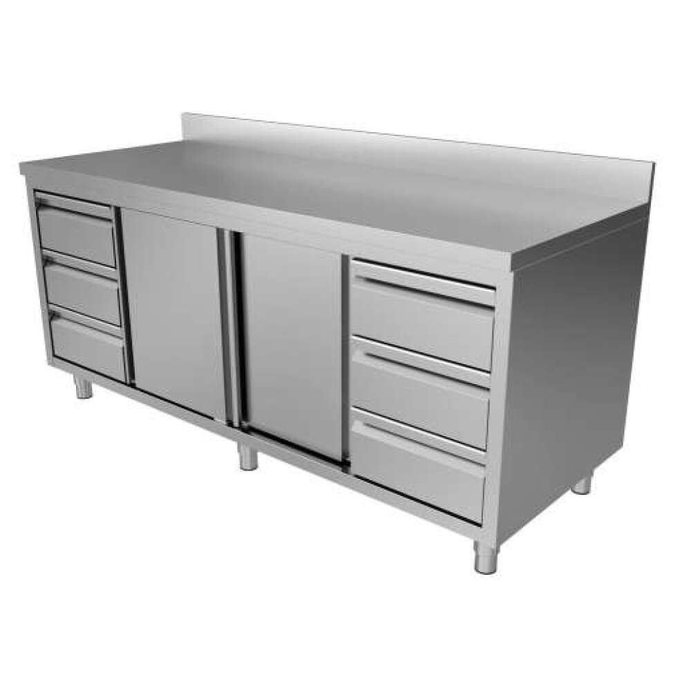 Unninox RVS Werktafel | 3L+3r Laden En Schuifdeuren 1/1 GN | Achter Rand | 1800x700x850/900mm