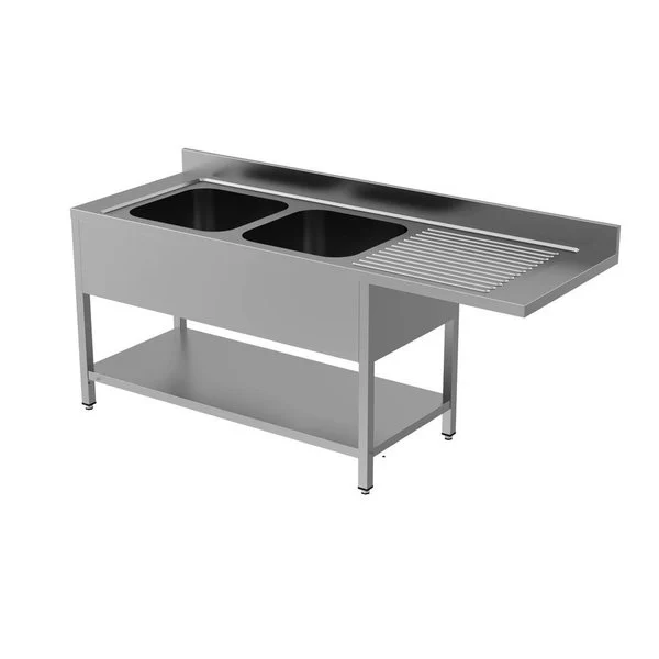 Unninox RVS Spoeltafel | Achter Rand En Bodemschap | 2 Kuipen Links Met Vaatwasser Ruimte | 2000x700x850(h)mm