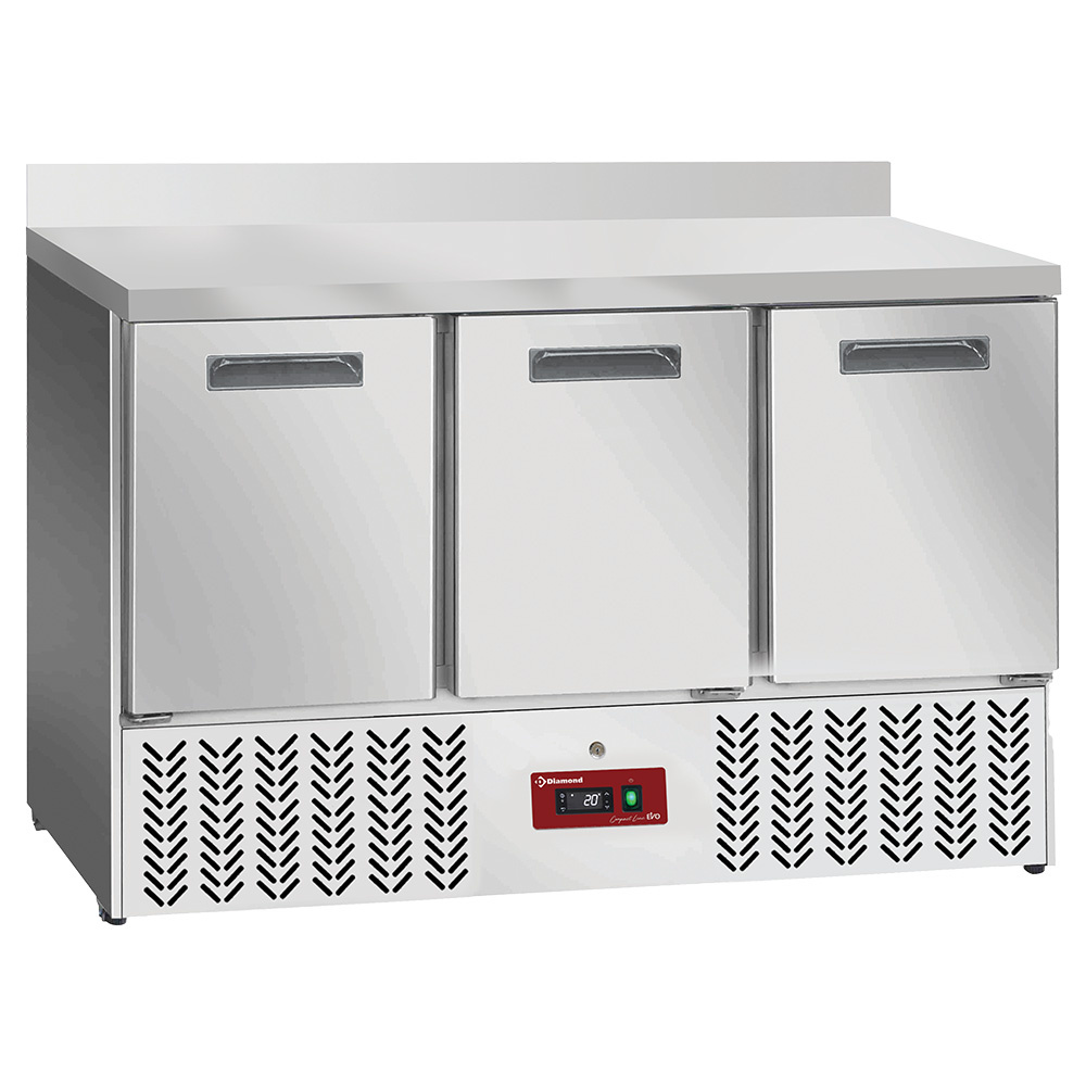 Diamond Koelwerkbank | COMPACT LINE EVO | 239L | 3 Deuren | Statisch + Ventilator | Achter Rand | Werkblad Afneembaar | Wielen | 1365x700x880/980mm