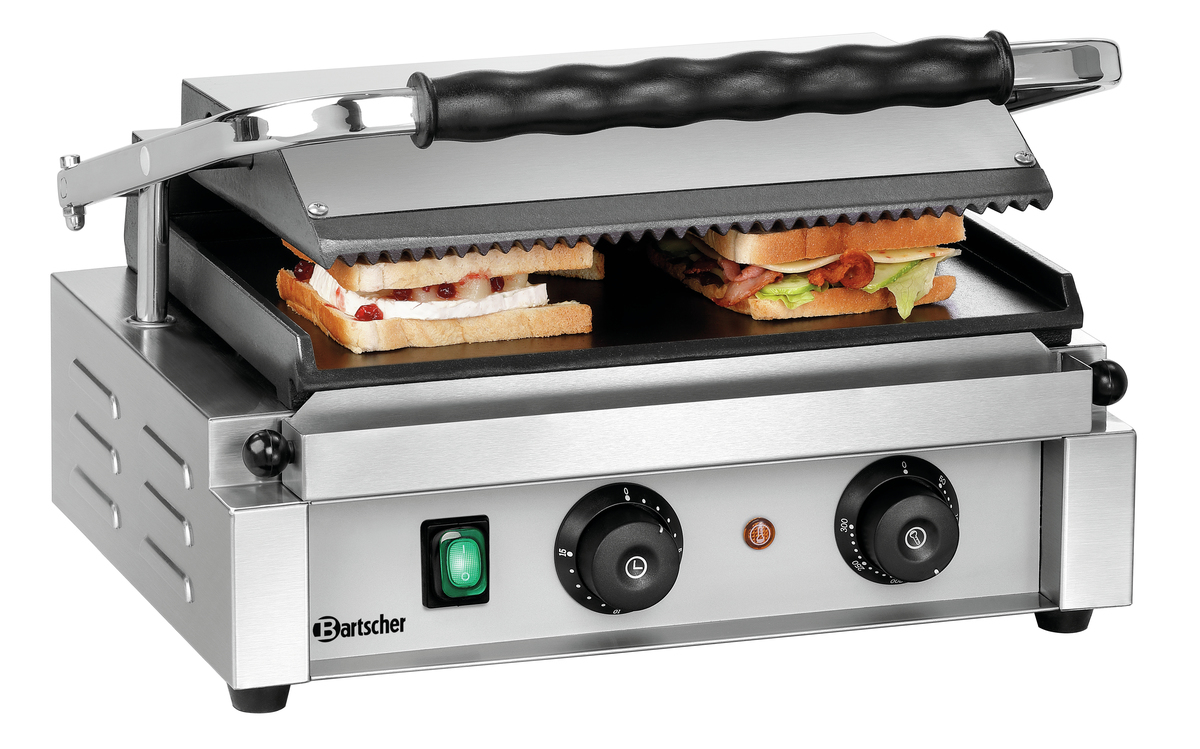 Bartscher Paninigrill-T 1 GR | Geribbeld/Glad | Grillplaten Gietijzer/Geëmailleerd | 410x400x200mm