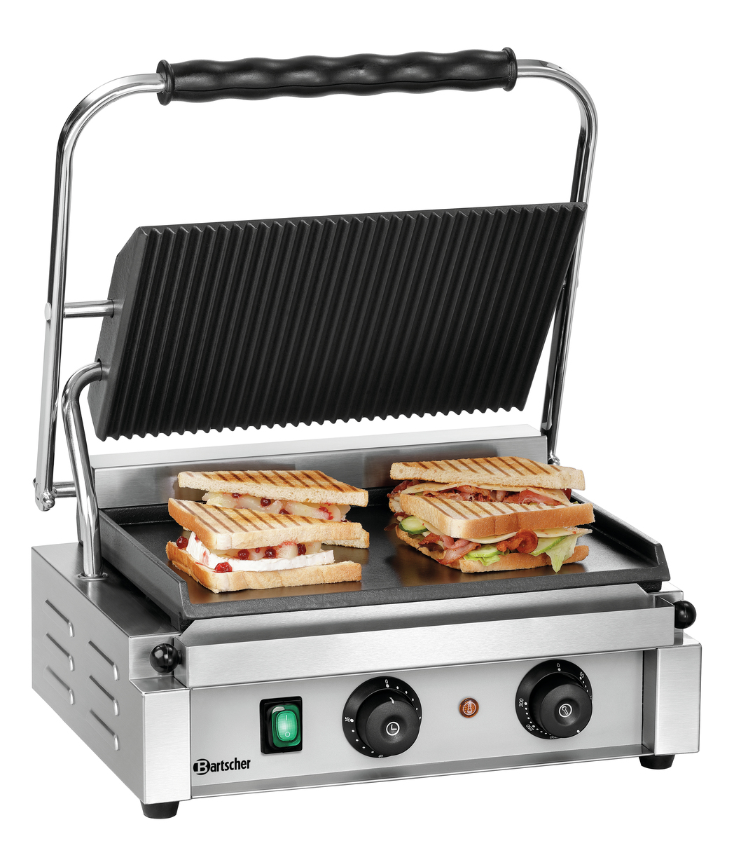 Bartscher Paninigrill-T 1 GR | Geribbeld/Glad | Grillplaten Gietijzer/Geëmailleerd | 410x400x200mm