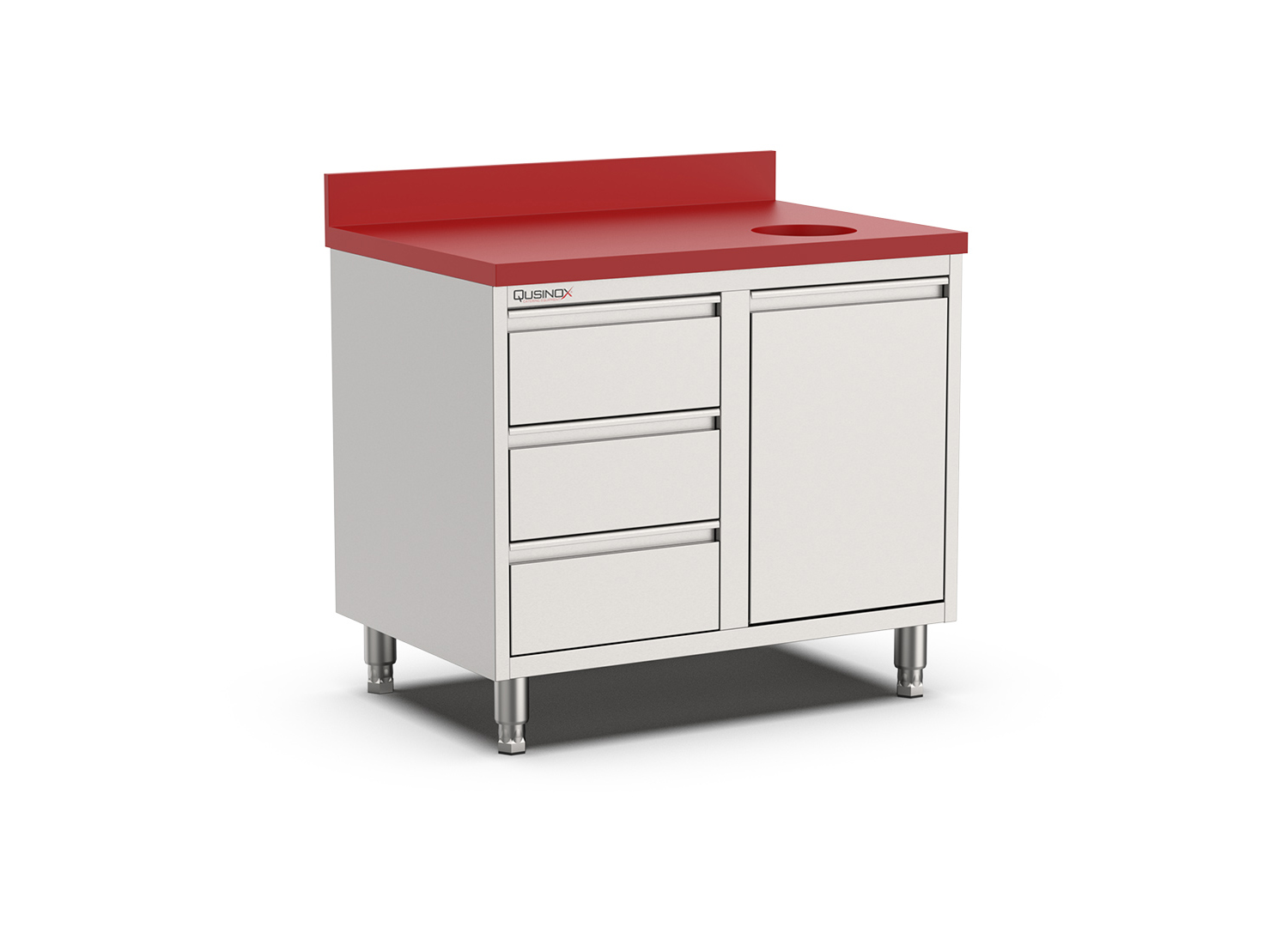 Qusinox Snijwerkbank | 700 LINE | RVS/Polyethyleen | Kanteldeur + Laden Links | Afvalgat | Achterrand | 1000x700x900mm