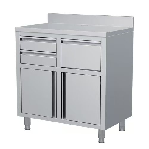 Combisteel Koffiewerkbank | RVS | Draaideuren + Afkloplade + 2 Laden | Achter Rand | 1250x600x1050/1150mm