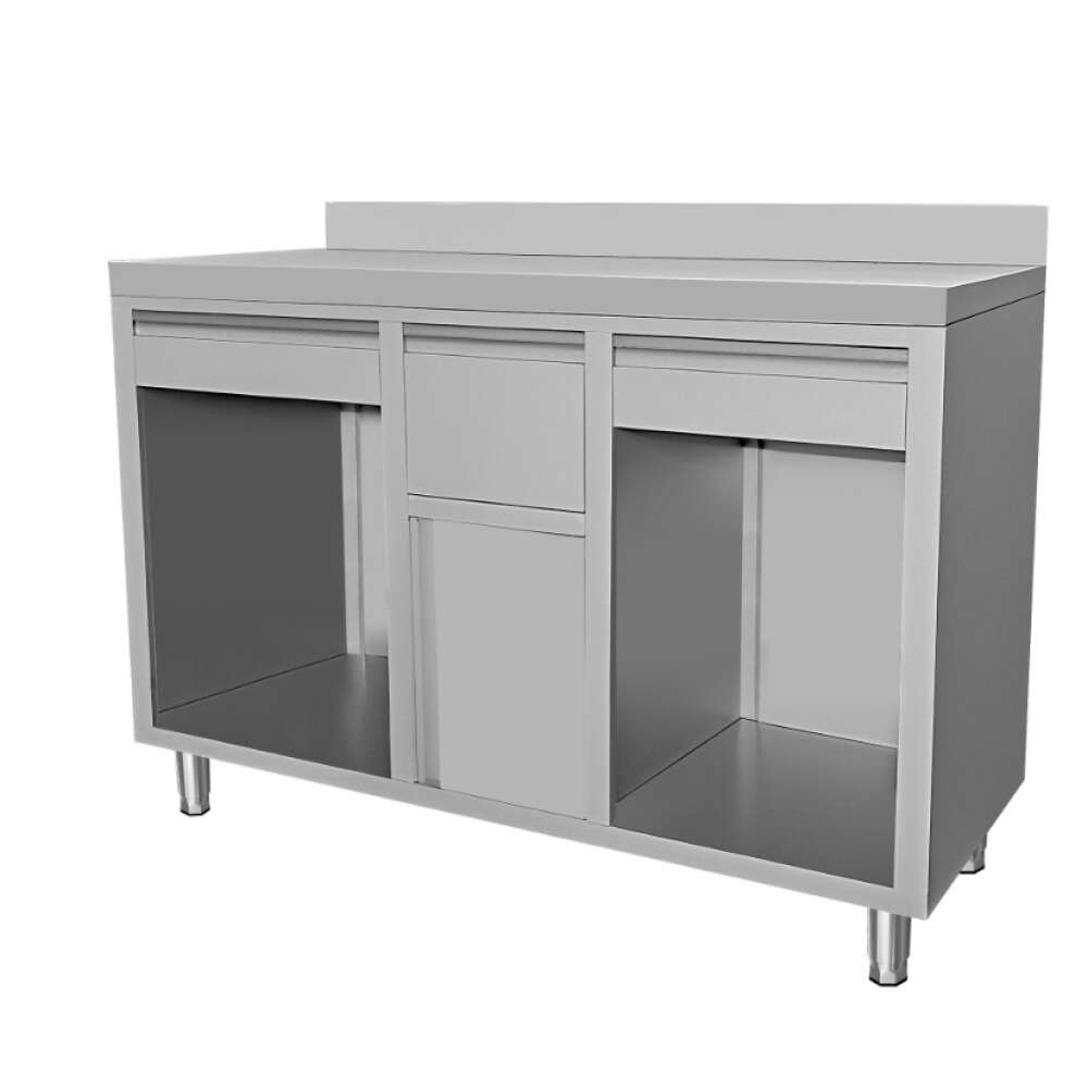 Combisteel Koffiewerkbank | RVS | 2 Laden + Afkloplade | Open Vakken + Draaideur | Achterrand | 1500x600x1150mm