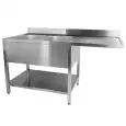 Qusinox Spoeltafel | 700 LINE | RVS | 2 Spoelbakken Links + Afdruipvlak | Bodemschap + Voorlader | Achter Rand | Demontabel | 2000x700x900/1000mm