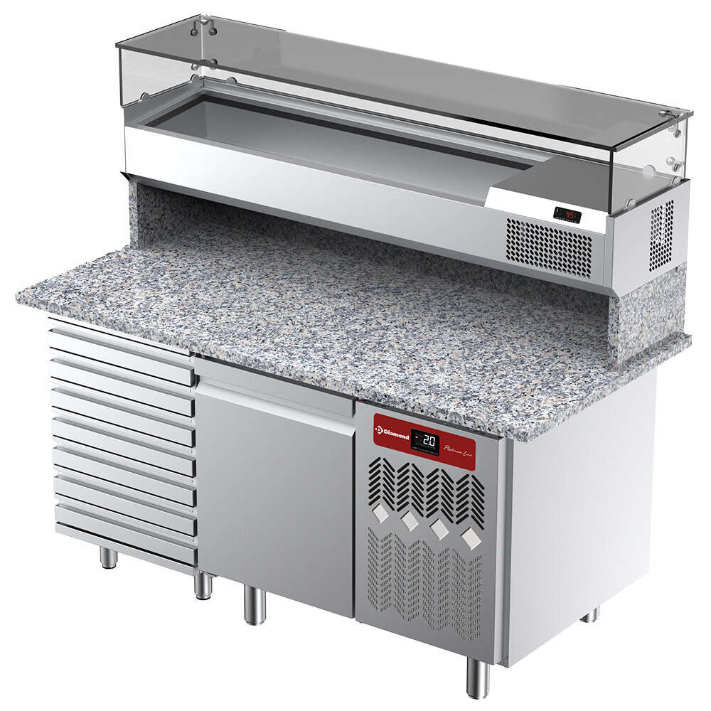 Complete Diamond Pizzawerkbank met granieten blad en opzetkoelvitrine