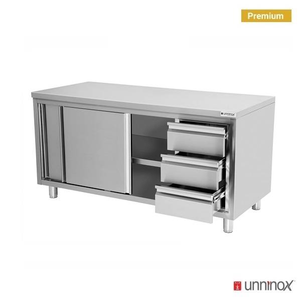Professionele RVS werkkast met schuifdeuren en 3 lades rechts 1600x600x850mm - Afbeelding 3