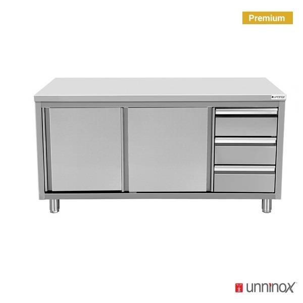 Professionele RVS werkkast met schuifdeuren en 3 lades rechts 1600x600x850mm