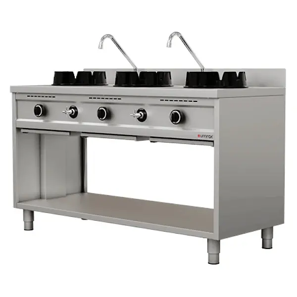 Unninox Wokfornuis | Gas | 3 Branders 3x 15kW | Waterkranen | Open Onderkast | 1500x600x850/1000mm - Afbeelding 3