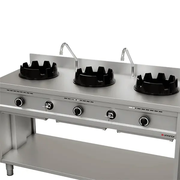 Unninox Wokfornuis | Gas | 3 Branders 3x 15kW | Waterkranen | Open Onderkast | 1500x600x850/1000mm - Afbeelding 4