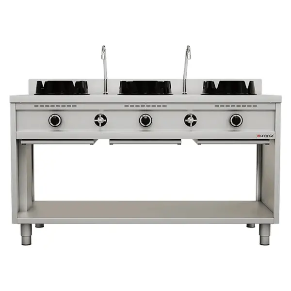 Unninox Wokfornuis | Gas | 3 Branders 3x 15kW | Waterkranen | Open Onderkast | 1500x600x850/1000mm - Afbeelding 2