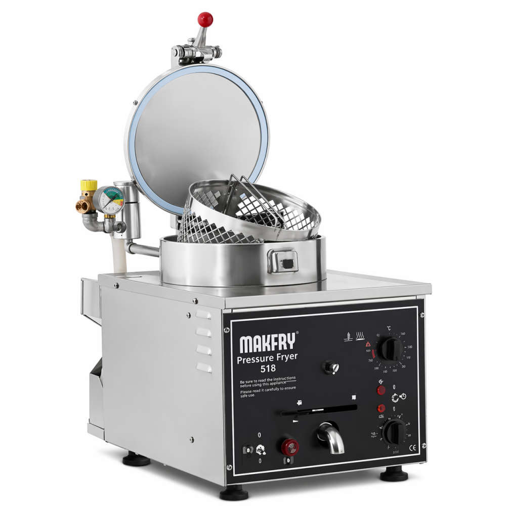 Compacte Makfry Drukfriteuse Pressure Fryer 518 tafelmodel van RVS met 3 jaar fabrieksgarantie.