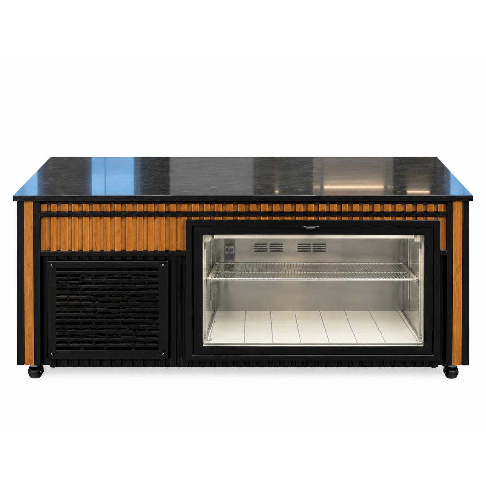 GOLD/PRZ ET-KT-150 gekoelde vleesvitrine 1500 mm met glazen presentatiegedeelte en bruin-zwarte afwerking