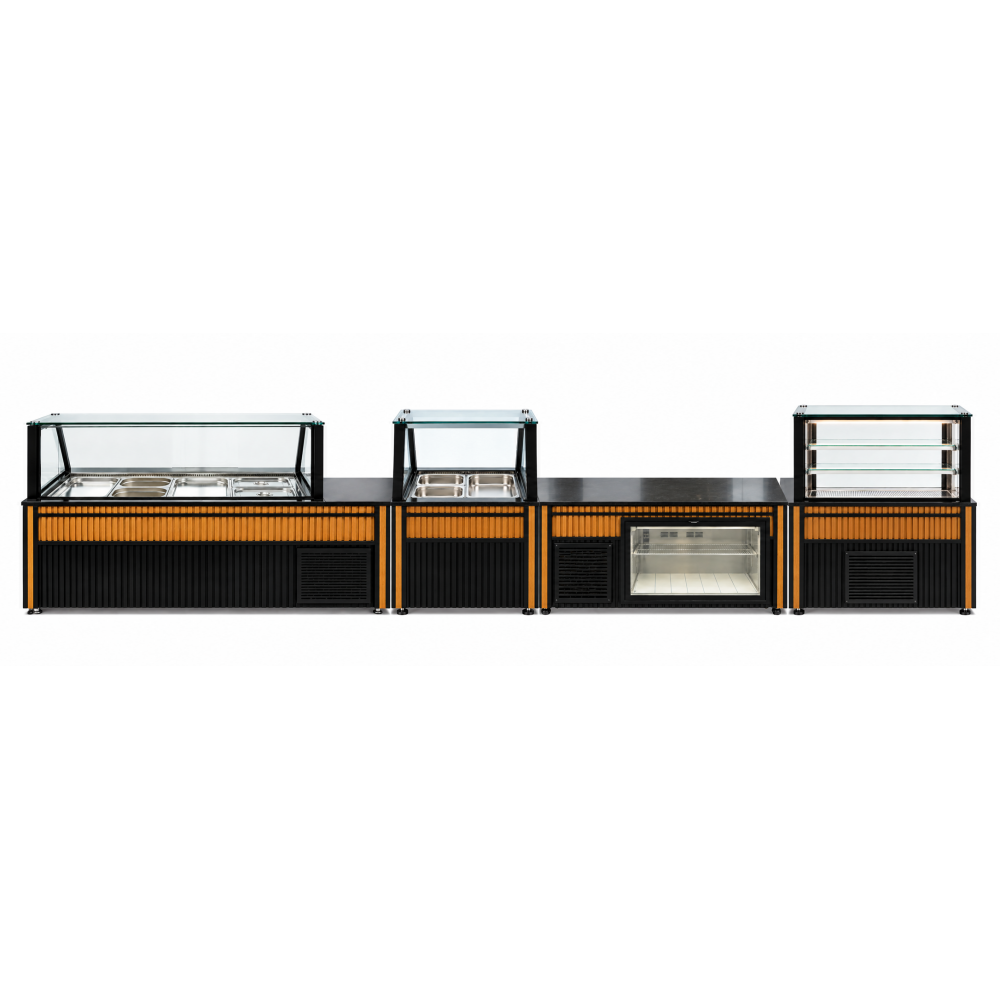 GOLD/PRZ complete horecaset 4-delig met bain-marie, koelvitrine, vleesvitrine en saladette met kassagedeelte